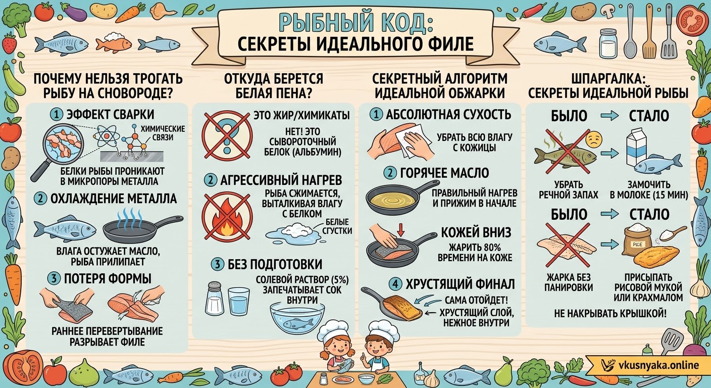 Рыбный код: Почему филе прилипает к сковороде и откуда берется белая пена