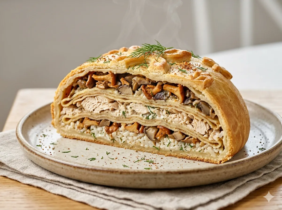 Царский многослойный курник с блинами и грибами