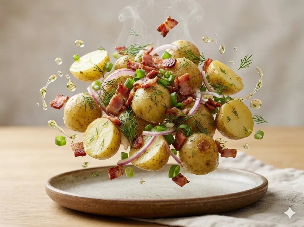 Теплый дачный салат с молодым картофелем и беконом