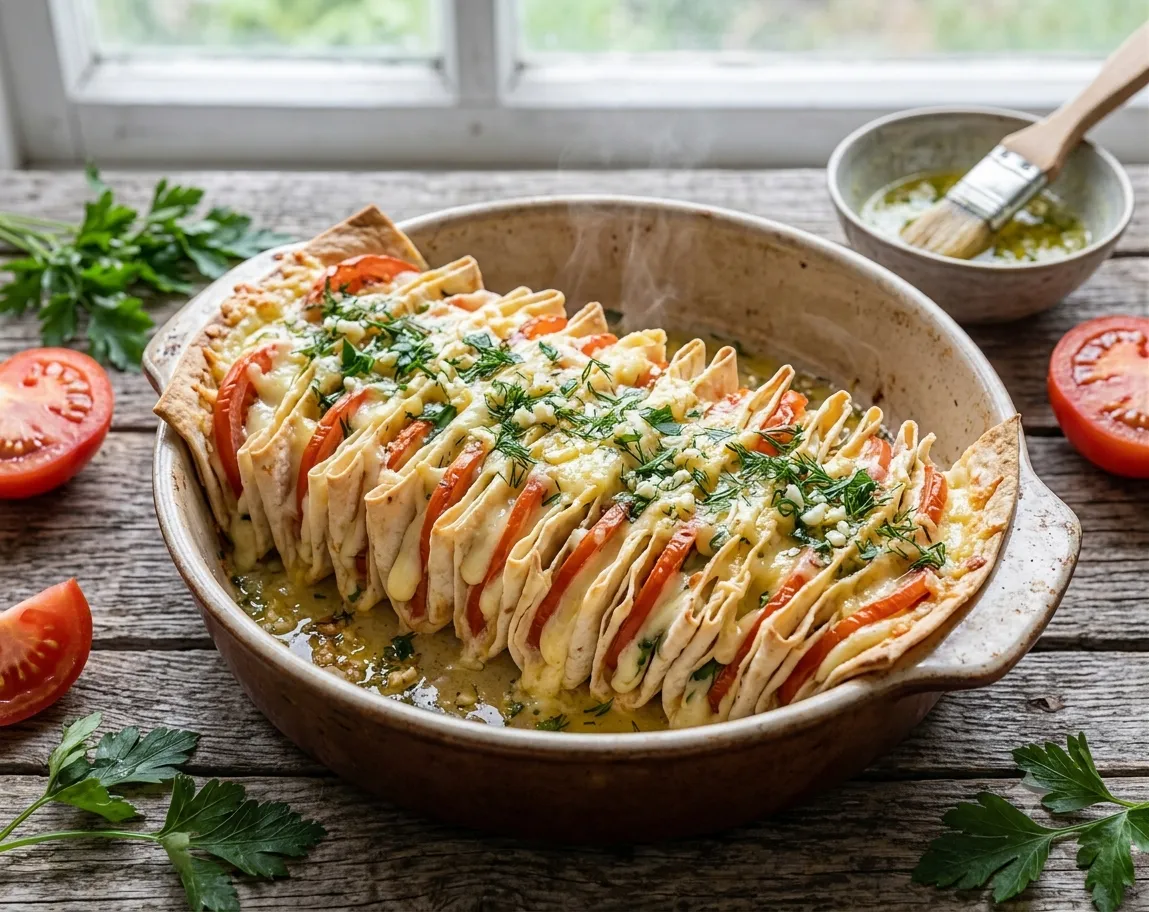 Купеческий лаваш «Гармошка» с сыром, томатами и чесночным маслом