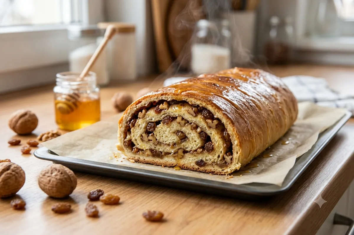 Пышный сдобный рулет с орехами, изюмом и медом