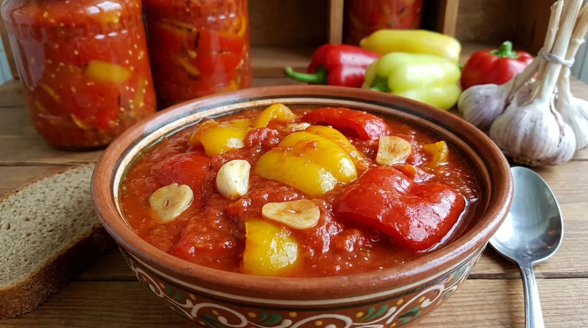 Густое купеческое лечо из мясистого перца в томатной заливке с чесноком