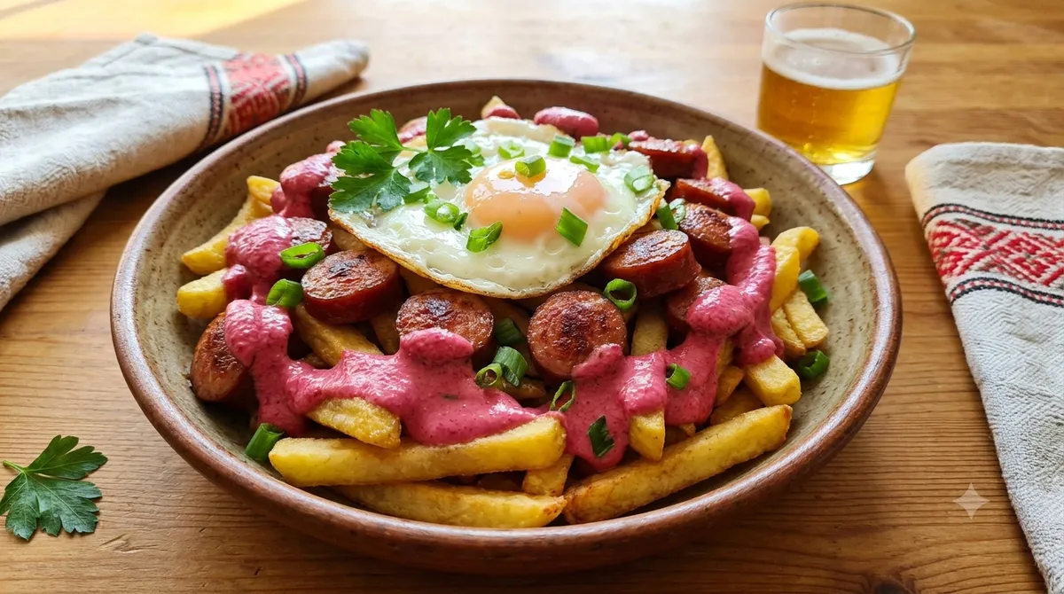Сальчипапа (Salchipapa) по-домашнему с охотничьими колбасками и пикантным розовым соусом