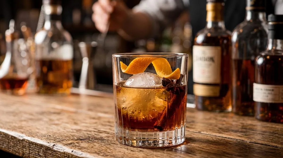 Пряный «Олд Фэшн» (Old Fashioned) с апельсиновой цедрой