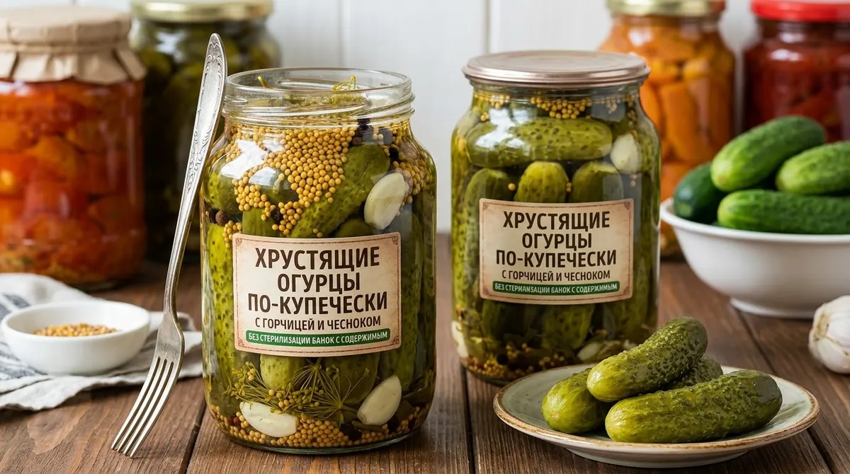 Хрустящие огурцы по-купечески с зернистой горчицей и чесноком (без стерилизации банок с содержимым)