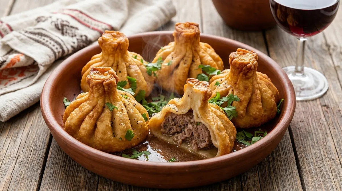 Жареные хинкали (Мцвади хинкали) с сочной мясной начинкой и бульоном