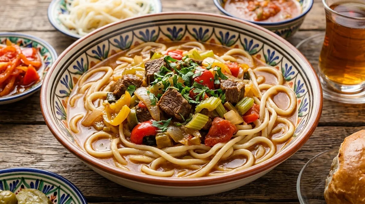 Традиционный уйгурский лагман с сочной говядиной, овощами и лапшой