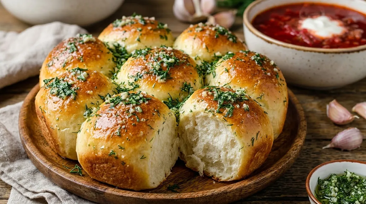 Пышные чесночные пампушки с укропом к борщу