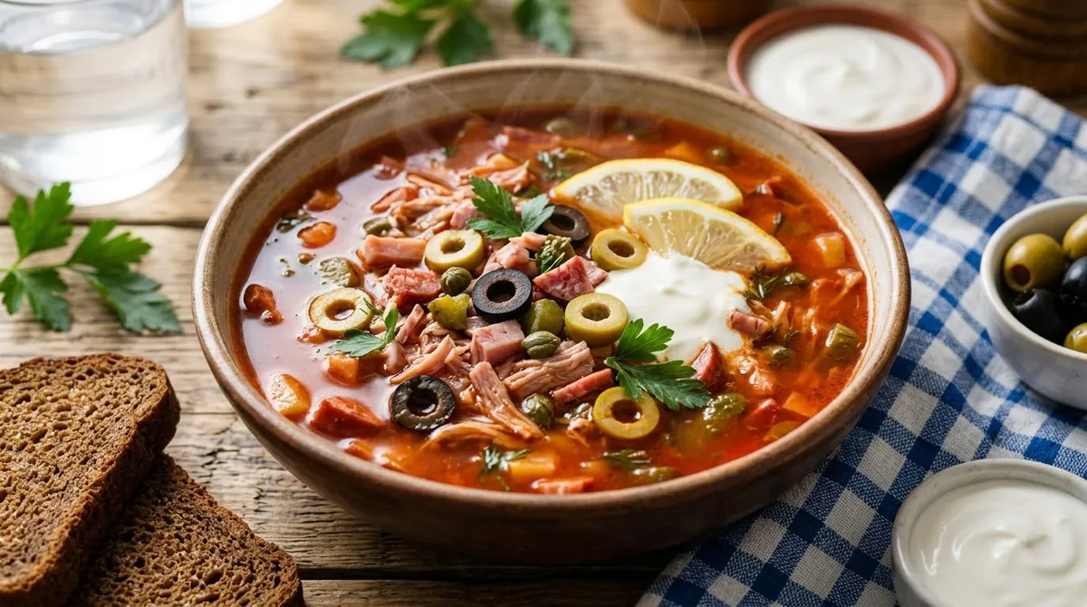 Наваристая сборная мясная солянка с копченостями и оливками