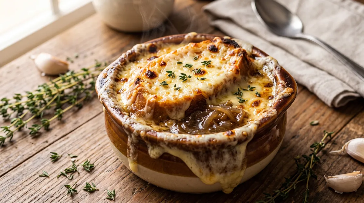 Классический французский луковый суп (Soupe à l’oignon) с сырным крутоном